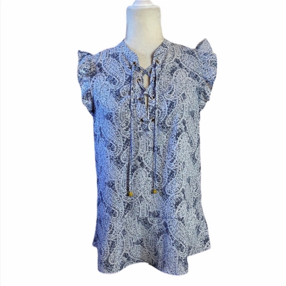 Michael Kors Blue & White Lace Up Front Ruffle Sleeve Blouse Size Medium - Picture 2 of 13